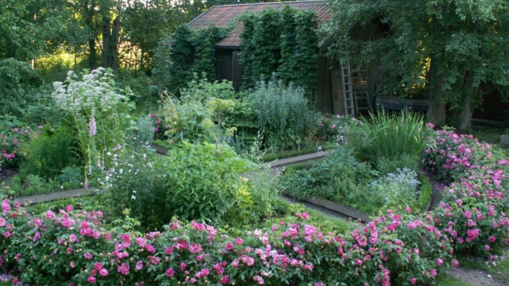 Frodig trädgård med örter och blommor.
