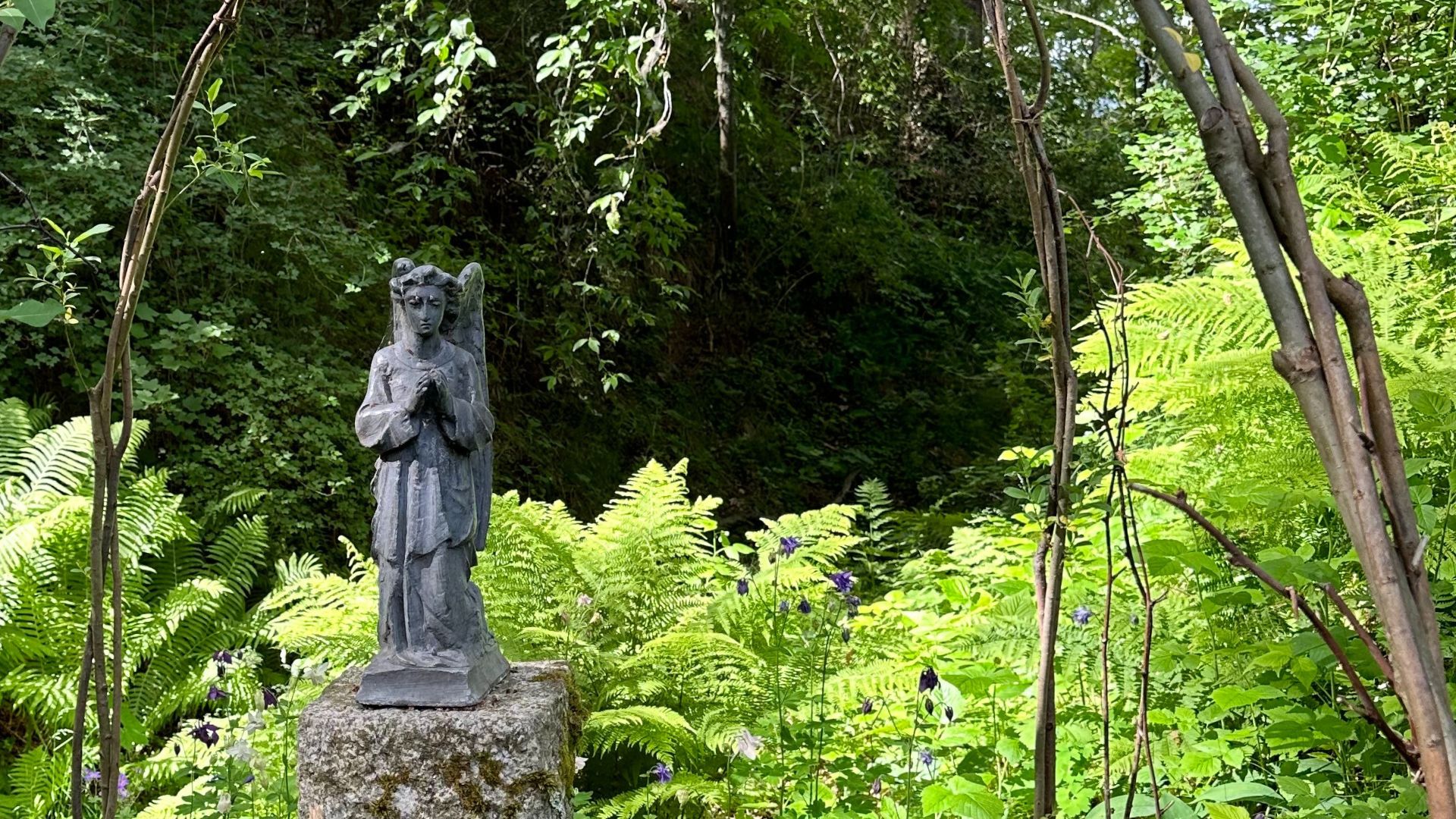 Stenskulptur av en ängel omgiven av ormbunkar.