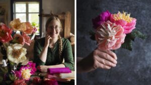 Handgjorda pappersblommor i starka färger.
