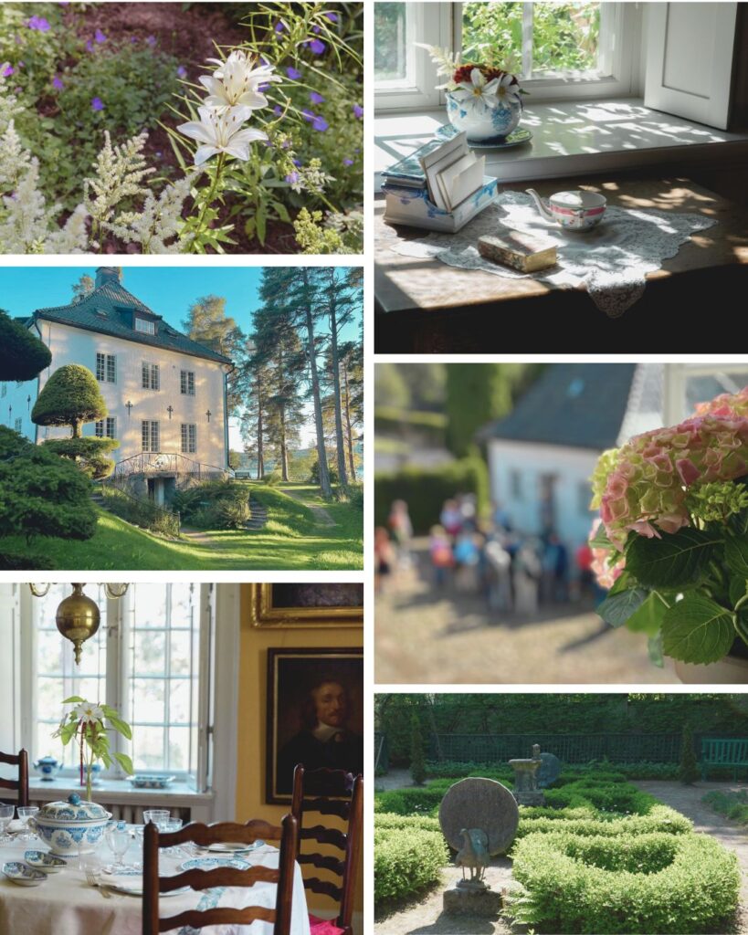 Ett collage med sex bilder från Hildasholm, som visar både interiör och exteriör.